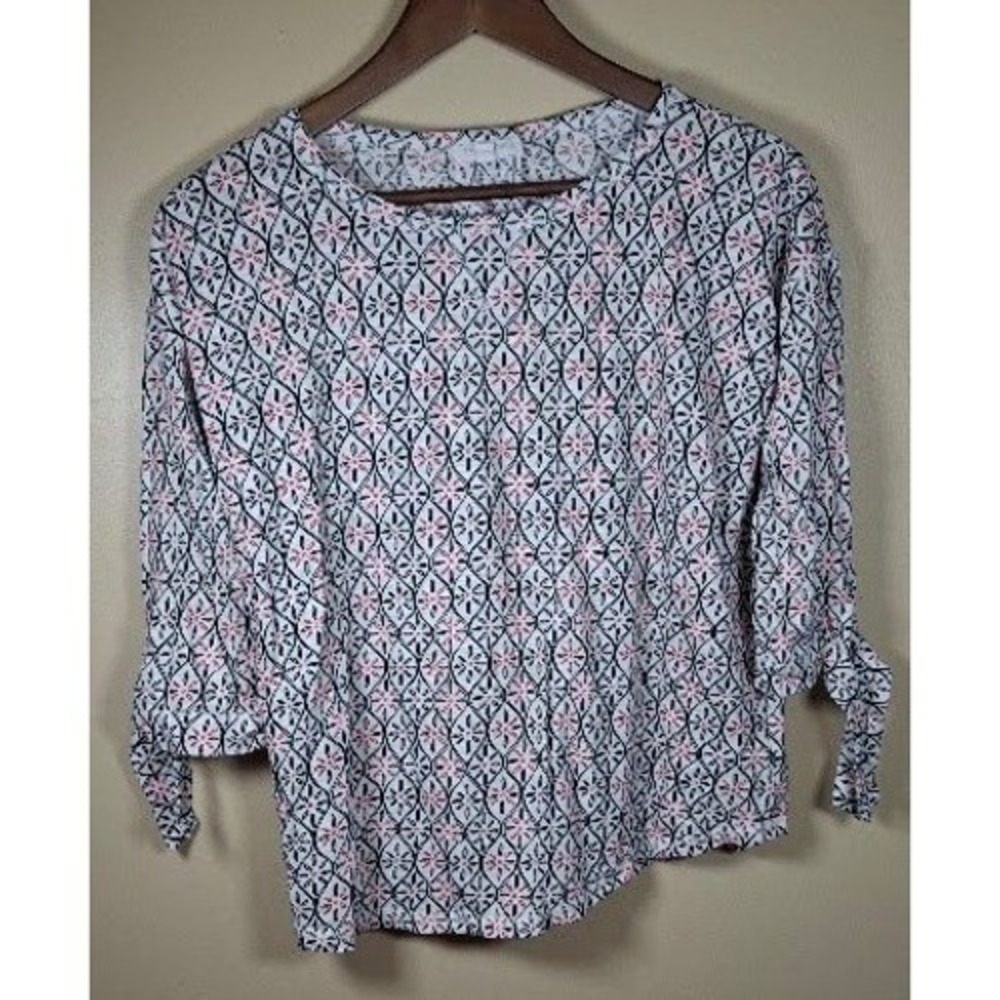 T by Talbots Womens Petite M Pink Navy Floral Geometric Tie Sleeve Knit Top